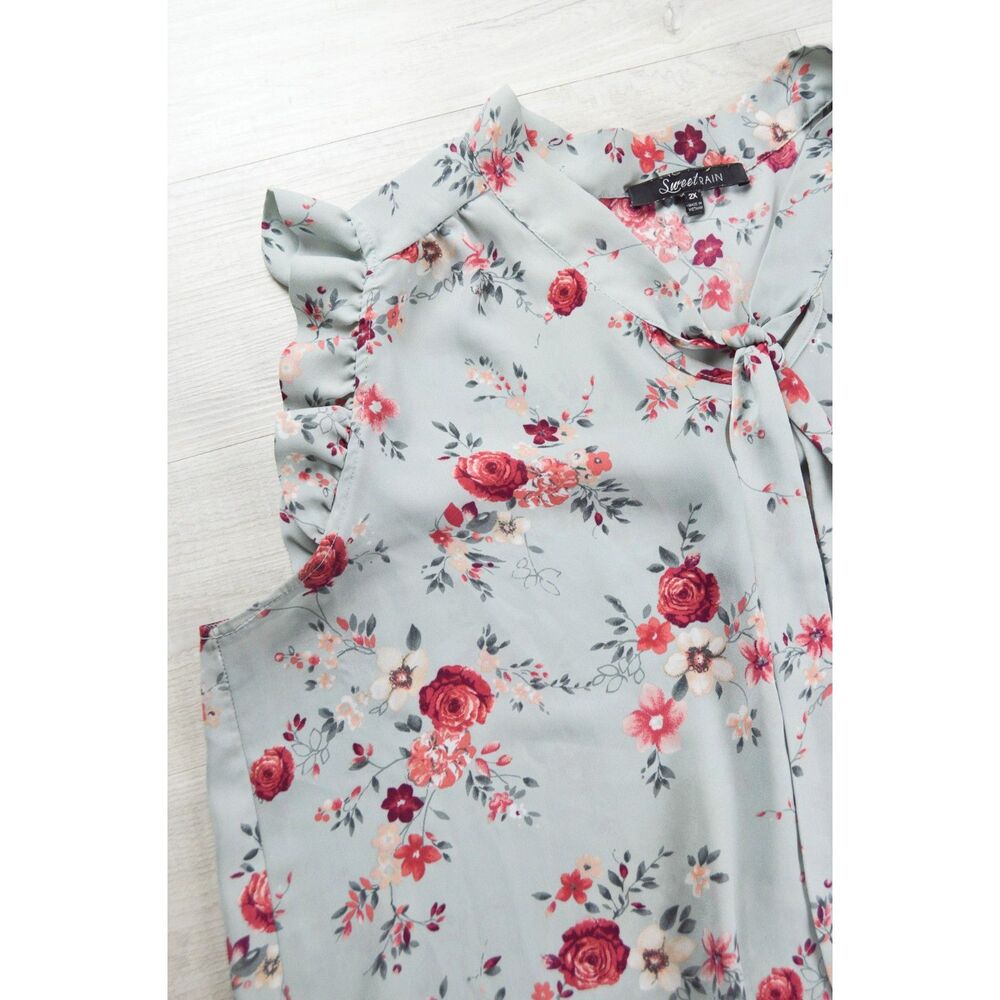 Sweet Rain Floral Tie Neck Sleeveless Blouse Ruffle Accent 2X